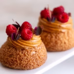 Choux au Craquelin with caramel crémeux and Japanese wineberry 2 Choux au Craquelin with caramel crémeux and Japanese wineberry