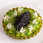 Green pea tartelette with wild garlic and pickled few flowered leek 1 Green pea tartelette with wild garlic and pickled few flowered leek