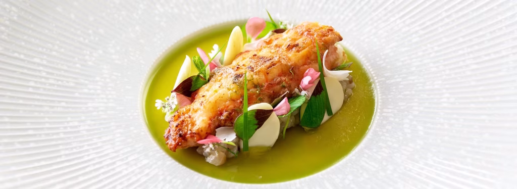 Langoustine dish Bisque flan tartare and pan fried