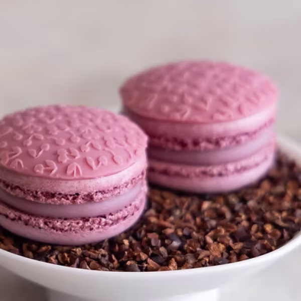 Cherry & fig leaf macarons